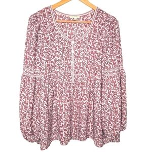 Max Studio Womens Boho Pink Floral Bubble Sleeve Half Button Crepe Blouse XL